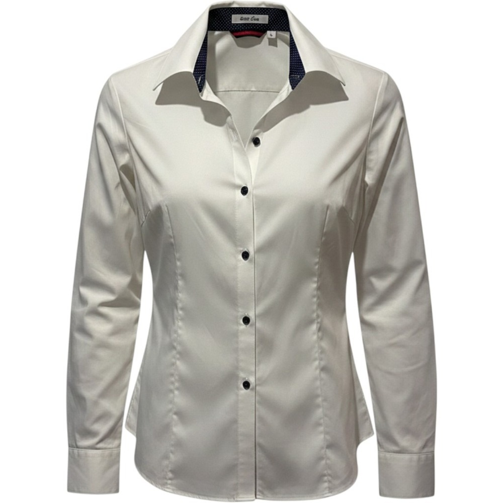 Easy Care White Bamboo Blend Polka Dot Trim Button Down Shirt Womens Large